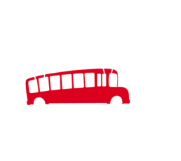 Trouble Travel Logo, weiße Schrift, roter Bus